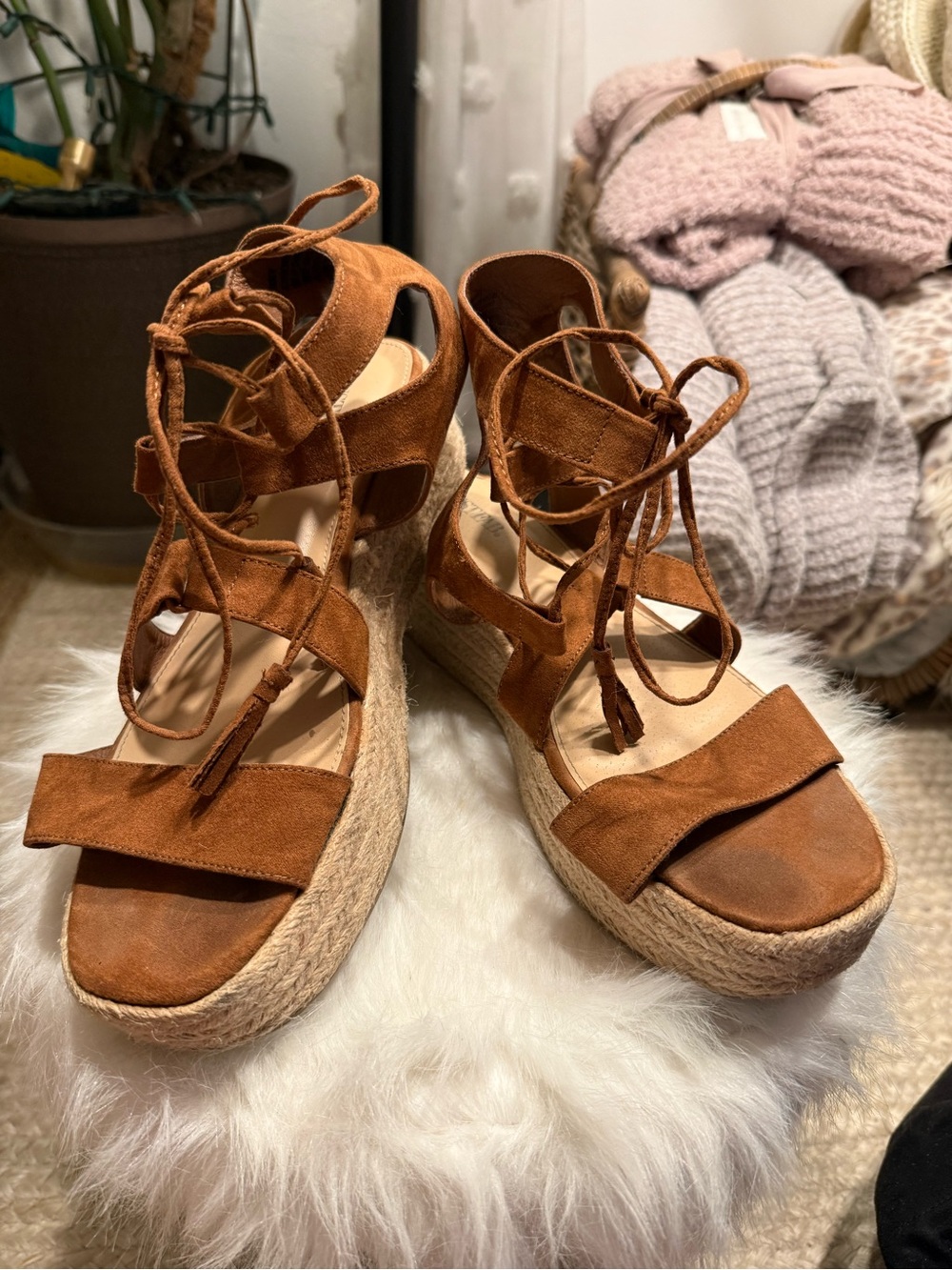 JustFab Brown Suede Espadrille Lace-Up Wedges
